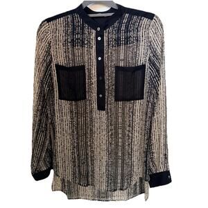 Zoa New York Black/ White Sheer Blouse Black Cuffs Front Pockets Buttons Small